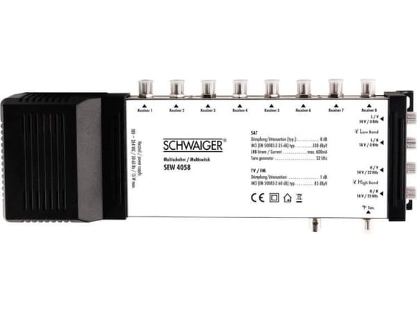 Schwaiger SEW4058531, 5 ingångar, 8 utgångar, 950 - 2150 MHz, 47 - 862 MHz, 8 dB, 1 dB