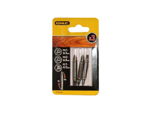 Stanley STA61381, 3 stykker, Philips, Pozidriv, Spor/slot, Ph1/Sl5, Ph2/Sl6, Pz1/Pz2, 48 mm, Sekskantet