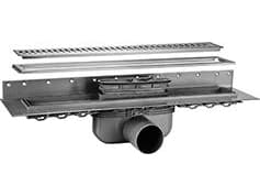 Purus Line afløbsrende - 800x100 mm - komplet sampak med Ø50 mm afløbsskål med vandret udløb & vandlås samt ramme/rist
