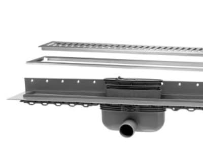 Purus Line afløbsrende - 800x100 mm - komplet sampak med Ø50 mm afløbsskål med vandret udløb & vandlås samt ramme/rist