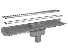 Purus Line afløbsrende - 900x100 mm - komplet sampak med Ø75 mm afløbsskål med lodret udløb & vandlås samt ramme/rist