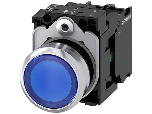 Oplyst trykknap, 22 mm, rund, metal, skinnende, blå, flad knap 3SU1152-0AB50-1BA0
