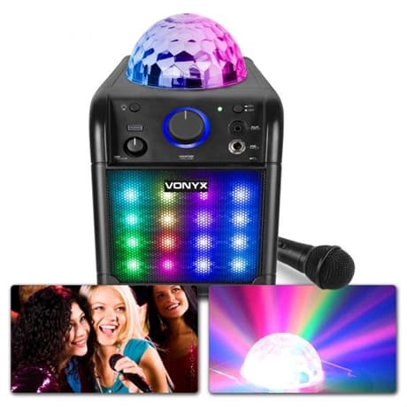 Karaoke maskin - Batteridriven högtalare med mikrofon VONYX SBS50B-PLUS med inbyggt ljus VONYX SBS50B-PLUS Karaoke Set Black with LED Light Effects