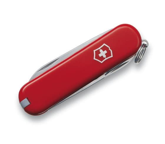 Victorinox Classic SD, Fällkniv av slipjoint-modell, Kniv med flera verktyg, Cellidor, ABS synthetics, Röd, Rostfritt stål, 7 verktyg