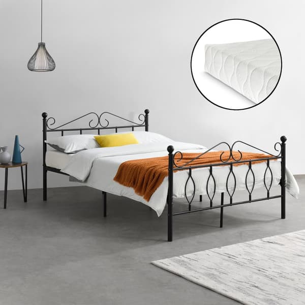 [en.casa]® Sängstomme Apolda i metall inkl. madrass och ribbotten-200x140cm-pulverlackerat stål-svart matt-reptålig-slitstark- max. belastning: 300kg