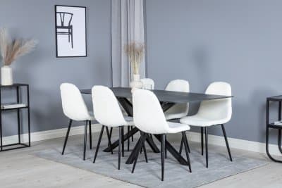 Matgrupp Venture Design – Matbord Piazza 180x90 cm – Glas/Spraystone / Grå + 6 st Matstol Polar - Vitt Teddy / Svart