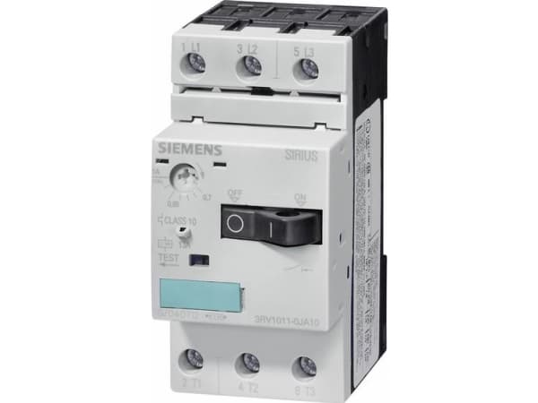 Siemens 3RV1011-0FA10 Strömbrytare 1 st 3 x strömbrytare Inställningsområde (ström): 0,35 - 0,5 A Kopplingsspänning (max.): 690 V/AC (B x H x D) 45 x