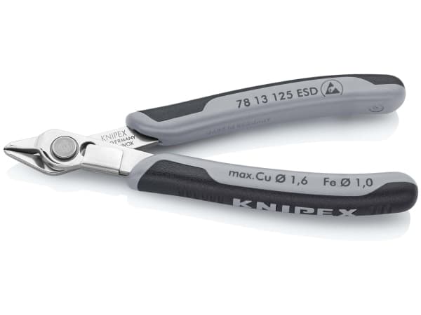 Knipex 78 13 125 ESD, Sivuleikkurit, Ruostumaton teräs, Terästä, Muovi, Musta, Harmaa, 125 mm, 57 g