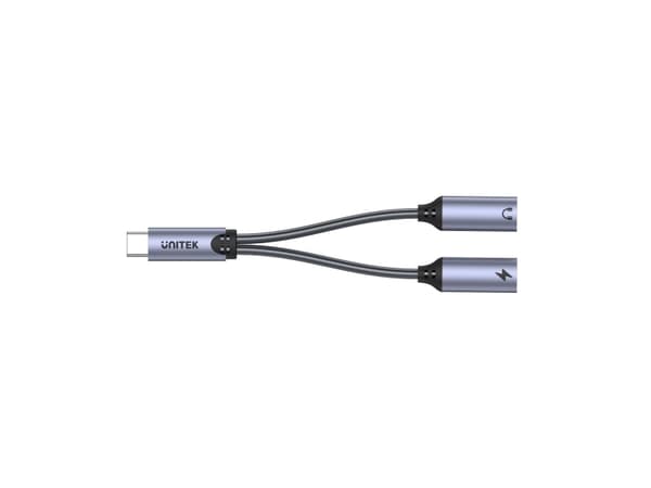 Unitek - USB-C til hodetelefonjakk / ladeadapter - 24 pin USB-C hann til minijakk, 24 pin USB-C hunn - 13.8 cm - romgrå - USB Power Delivery (18 W)