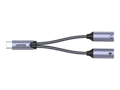 Unitek - USB-C til hodetelefonjakk / ladeadapter - 24 pin USB-C hann til minijakk, 24 pin USB-C hunn - 13.8 cm - romgrå - USB Power Delivery (18 W)