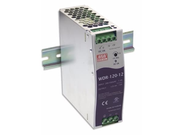 MEAN WELL WDR-120-24, 120 W, 180 - 550 V, 47 - 63 Hz, 0.7 - 1.2 A, 50 ms, 91% Metallisk