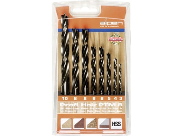 Alpen 600093100 Träspiralborrset 8 delar 3 mm, 4 mm, 5 mm, 6 mm, 8 mm, 10 mm Cylinderskaft 1 sats