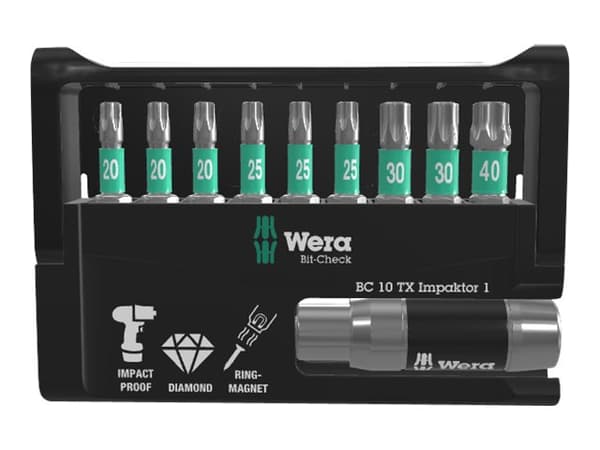 Wera Bit-Check 10 TX Impaktor 1 - Screwdriver bit and bit holder set - 10 delar - torx - T20, T25, T30, T40 - hexagonalt