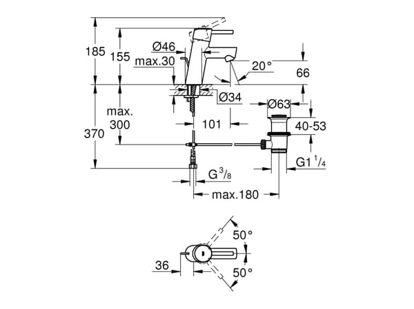 GROHE Concetto håndvaskarmatur med løftestang og 1 1/4" bundventil samt 3/8" fleksible tilslutningsslanger