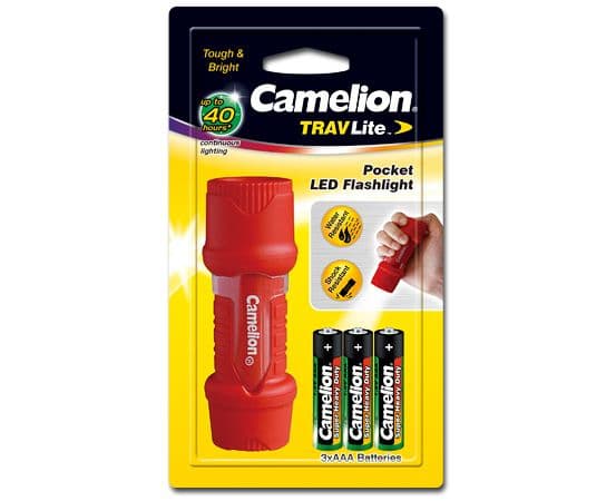 Camelion HP7011-3R03PBP, Käsikokoinen taskulamppu, Punainen, Kestomuovinen elastomeeri, 3 m, IPX4, LED