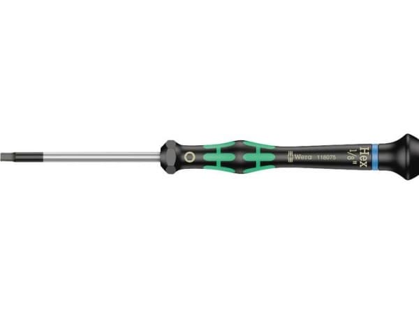 Wera 2054 Elektroniikka ja hienomekaniikka Kuusikulmainen ruuvimeisseli Avaimen leveys: 3,2 mm Avaimen leveys (tuuma): 1/8 tuuma Terän pituus: 60 mm