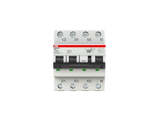 ABB Yhdistelmäkatkaisija C 16A, 3-napainen + nolla C-ominaisuus 6 kA oikosulkukapasiteetti 30mA laukaisuvirta, 230V AC, 72 mm leveä