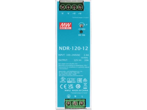 MEAN WELL NDR-120-12, 120 W, 115 - 230 V, 47 - 63 Hz, 1.3 A, 16 ms, 85,5%