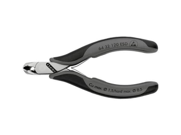 Knipex 64 32 120 ESD, Avnypa, Stål, Plast, Svart, Grå, 120 mm, 92 g