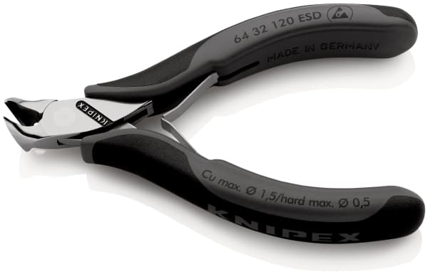 Knipex 64 32 120 ESD, Avnypa, Stål, Plast, Svart, Grå, 120 mm, 92 g