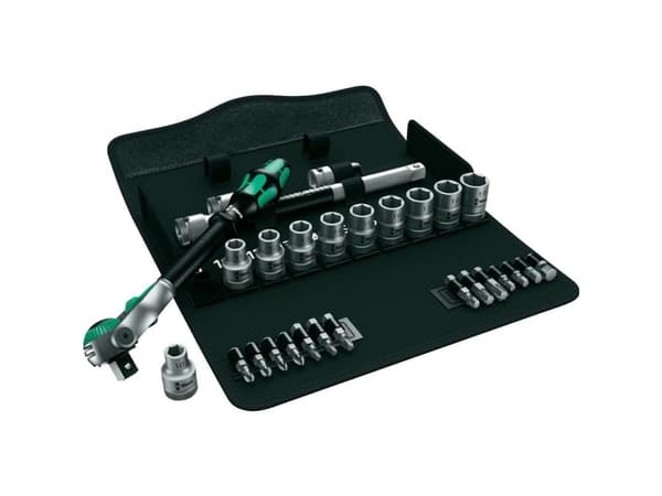 Wera Tools 8100 SC 6, stikkontaktsett, 28 stk, svart, grønn, skrallehåndtak, 1 stk, 1/2"