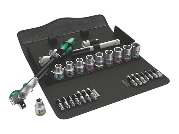 Wera Tools 8100 SC 6, stikkontaktsett, 28 stk, svart, grønn, skrallehåndtak, 1 stk, 1/2"