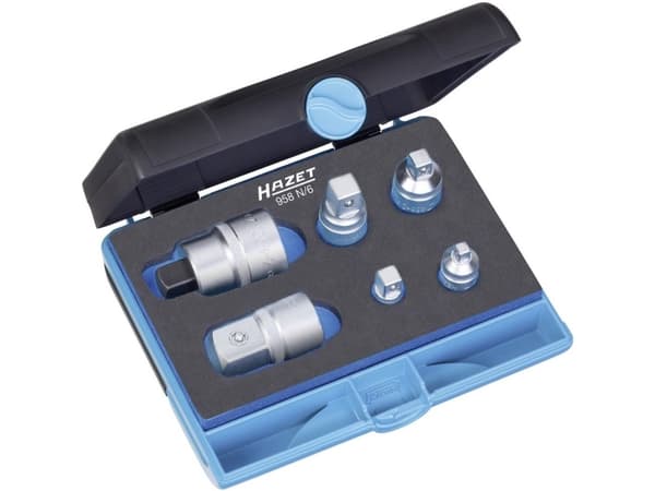 Hazet 958N/6 hylsysovitinsarja Ruuvinväännin 1/4 (6,3 mm), 3/8 (10 mm), 1/2 (12,5 mm), 3/4 (20 mm) Ulostulo 1/4 (6,3 mm), 3/8 (10 mm), 1/2 (12,5 mm),