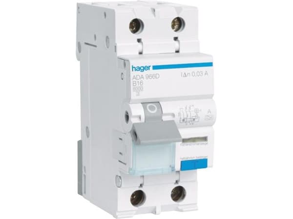 HAGER Yhdistelmäkatkaisija C 10A, 1-napainen + nollaC-ominaisuus6 kA oikosulkukapasiteetti30mA laukaisuvirta, 230V AC, 36 mm leveä