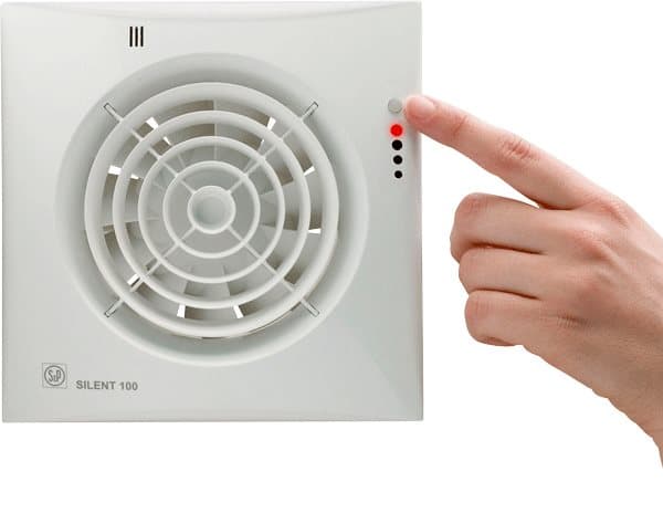 THERMEX Fan Silent 100 CHZ Visual Scandic, ilmankosteuden säätö ulkoisella ajastimella (1-30 min.) ja ilmankosteudensäätimellä (60-90%). Ilmavirta 95