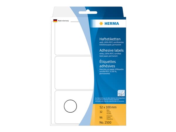 HERMA 2500, Valkoinen, Pyöristetty suorakulmio, Selluloosa, Paperi, Saksa, 52 mm, 100 mm
