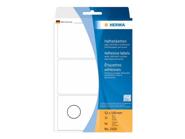 HERMA 2500, Valkoinen, Pyöristetty suorakulmio, Selluloosa, Paperi, Saksa, 52 mm, 100 mm