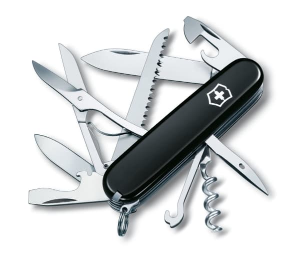 Victorinox Huntsman, Fällkniv av slipjoint-modell, Kniv med flera verktyg, Drop point, Rostfritt stål, ABS synthetics, Svart, Rostfritt stål