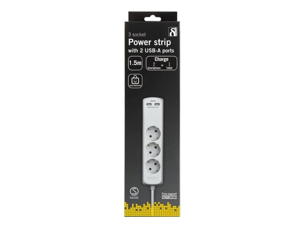 DELTACO GT-160 - Effektband - 3.68 kW - ingång: power CEE 7/7 - utgångskontakter: 3 (CEE 7/4, 2 x USB) - 1.5 m sladd - vit