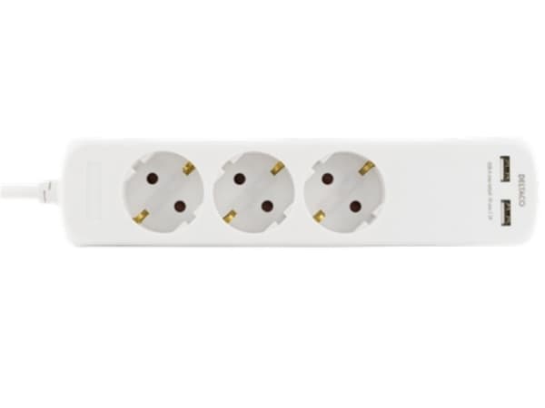 DELTACO GT-160 - Effektband - 3.68 kW - ingång: power CEE 7/7 - utgångskontakter: 3 (CEE 7/4, 2 x USB) - 1.5 m sladd - vit