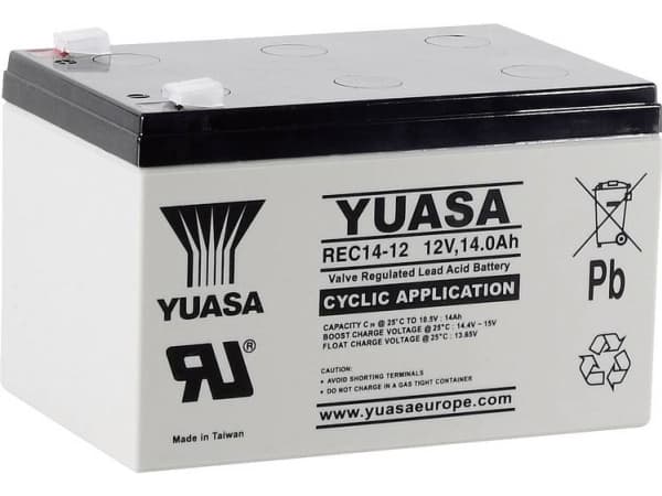 Yuasa REC14-12 YUAREC1412 Blybatteri 12 V 14 Ah Blyfilt (B x H x D) 151 x 97 x 98 mm Plattkontakt 6,35 mm Låg självurladdning, lätt att underhålla, s