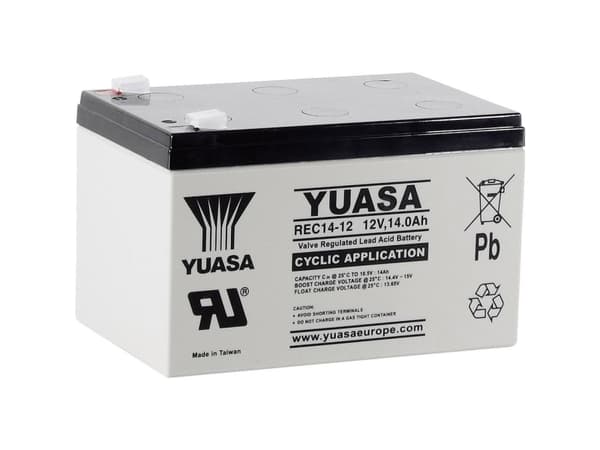 Yuasa REC14-12 YUAREC1412 Blybatteri 12 V 14 Ah Blyfilt (B x H x D) 151 x 97 x 98 mm Plattkontakt 6,35 mm Låg självurladdning, lätt att underhålla, s