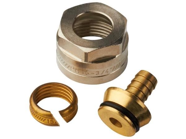 Roth-bussning för EURO-röda distributionsrör för 15 mm pex-anslutning. ¾Eurokonusbussning och klämsteg i mässing. Stödbussning i gunmetal