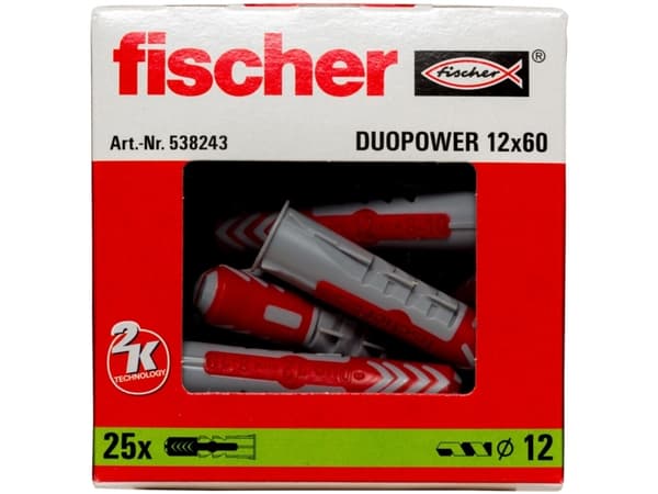 Fischer DuoPower, Väggplugg, Autoklaverad lättbetong, Tegel, Betong, Murverk, Gipsskivor, Nylon, Grå, Röd, 1,2 cm, 60 mm