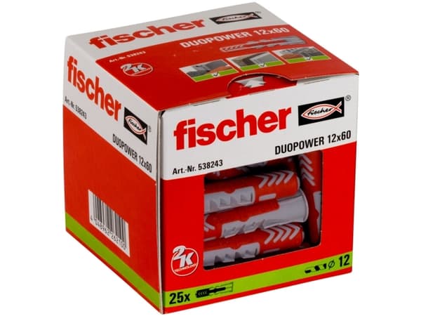 Fischer DuoPower, Väggplugg, Autoklaverad lättbetong, Tegel, Betong, Murverk, Gipsskivor, Nylon, Grå, Röd, 1,2 cm, 60 mm