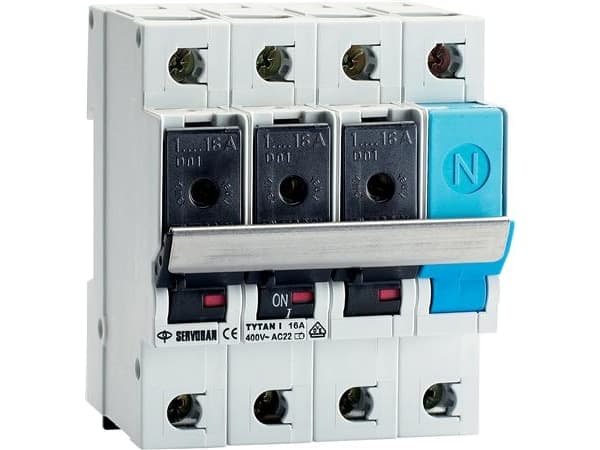 NIKO Gruppeafbryder TYTAN I, 3P+N, 2-16A, 400V AC, DIN-skinne, bredde 72 mm bred - sikringsskuffer medfølger ikke