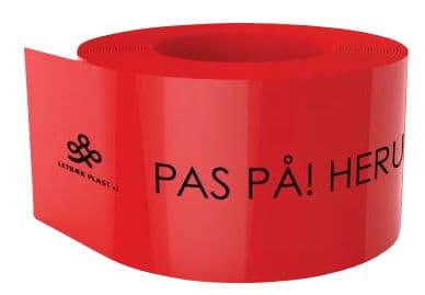 Kabelskyddstejp röd 2x100mm - rulle med 50m. Text: "FÖRSIKTIGHET - UNDER ELEKTRISK KABEL"
