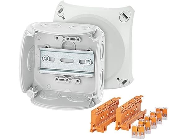HENSEL Kopplingsdosa 0,75-4 mm² 104x104x70 mm. Med 2x Wago 221-500 monteringsfästen och 5x Wago 221-413 3-trådiga kompakta terminaler