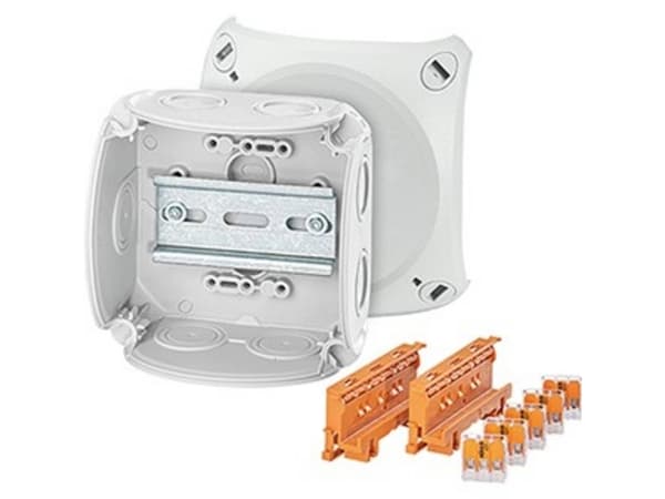 HENSEL Kopplingsdosa 0,75-4 mm² 104x104x70 mm. Med 2x Wago 221-500 monteringsfästen och 5x Wago 221-413 3-trådiga kompakta terminaler