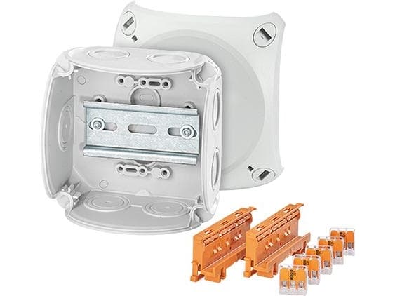 HENSEL Kopplingsdosa 0,75-4 mm² 104x104x70 mm. Med 2x Wago 221-500 monteringsfästen och 5x Wago 221-413 3-trådiga kompakta terminaler
