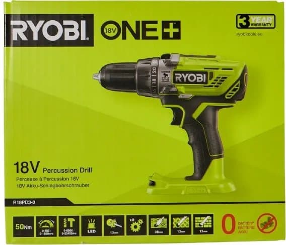 Ryobi One+ R18PD3-0 - Vasaraporakone/ruuvinväännin - akkuporakone - 2-nopeuksinen - avaimeton porakori 13 mm - 50 N-m - ei akkua - 18 V - Ilman akkua