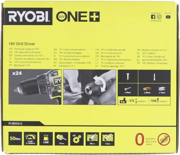 Ryobi One+ R18DD3-0 - Drill/driver - trådløs - 2 hastigheter - nøkkelfri borhylse 13 mm - 50 N·m - uten batteri - 18 V - Uten batteri og opplader