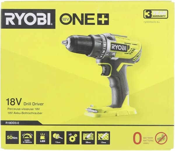 Ryobi R18DD3-0, Akkuruuvinväännin, Pistoolikahva, Musta, Vihreä, Ylikuumeneminen, 1800 RPM, 500 RPM - Ilman akkua ja laturia