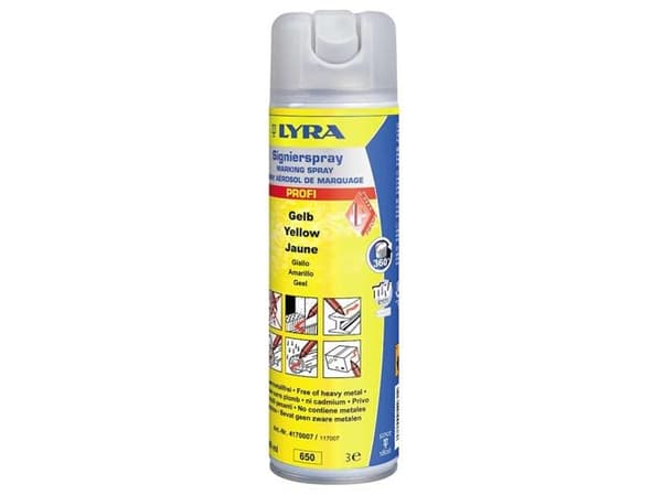 Lyra markeringsspray gul - 500 ml. (4180) - UN 1950 Aerosoler, brannfarlige 2.1.