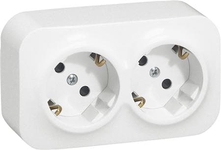 LEGRAND Forix indendørs dobbelt stikkontakt SCHUKO standard med pille sikring, 16A 2 x 2P+jord . Komplet i udvendigt underlag, Hvid.