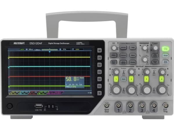 VOLTCRAFT digitalt oscilloskop DSO-1204F 200 MHz 4-kanals 1 GSa/s 64 kpts 8 bit digitalt minne (DSO), funksjonsgenerator (DSO-1204F)